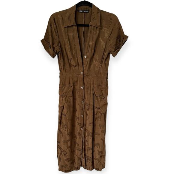 Zara Midi Dress Small Brown‎ Animal Print Metallic Safari Button-Up Shirtdress S - Picture 3 of 11